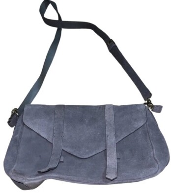 Violetta Italian Suede Crossbody Purse Messenger Gray Fold Over Adjustable Strap