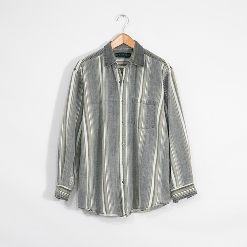 Vintage Denim Striped Button Up Shirt Mens Large - Long Sleeve Gray Distressed