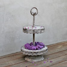 Große Landhaus Deko Etagere 2-stöckig Rund Metall Vintage Antik Grau Shabby 