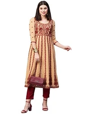 GoSriKi Women's Georgette Chikankari Embroidered Anarkali Kurti (Naav Beige-N...