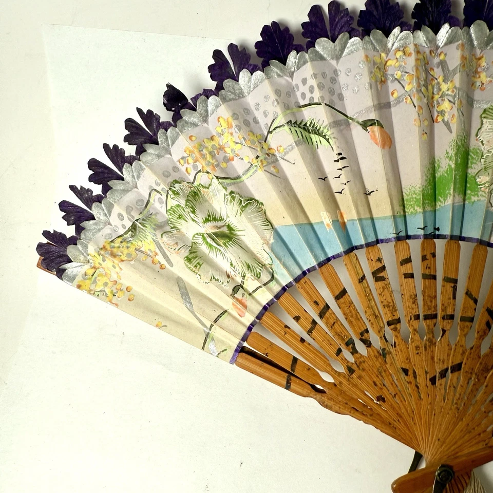 古董日本折叠巧妙彩绘纸风扇 Sensu 竹双面 — 第 4/4 张图片