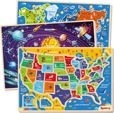 Large USA World Solar System Wooden Puzzles for Kids Ages 4-6, Wood Jigsaw Puzzl