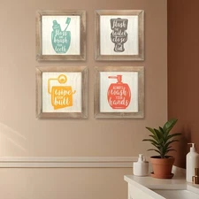 Set of Four Light Brown Wood Framed Square Bathroom Wall Art
