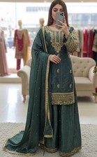 Traditional Look Silk Teal Green Kurta Palazzo With Dupatta For Reception