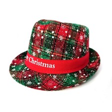 Men's Christmas Fedora Santa Hat with Plaid Snowflake Trim Festival Costume Cap