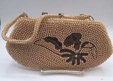 Vintage Creamy Pearl Beaded Evening Bag/Clutch w/ Handle Made in Japan Top Clasp