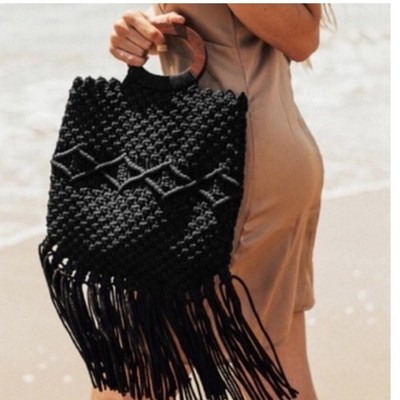Danielle Nicole Macrame Crochet Handbag Black Boho Fringe Wood Handle Crossbody