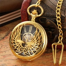Mens Pocket Watch Mechanical Double Hunter Skeleton Short Chain Christmas Gifts