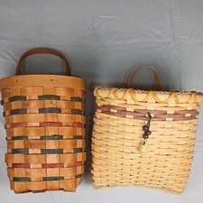 Handmade Woven Wood Storage Hanging Baskets with Handles  Bead Accent, Set of 2