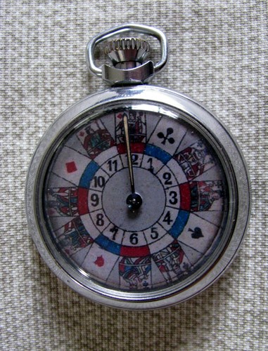 SCARCE PATTERN VINTAGE ROULETTE CARDSUITS MECHANICAL GAMBLING DEVICE WATCH FOB