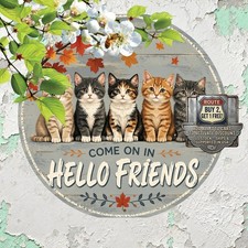 Flower Wreath Cat Welcome Round Tin Sign 8x8 Front Door Porch Decoration