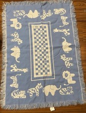 Vintage Safari Jungle Animals Woven Tapestry Baby Blanket Fringe Trim Blue White