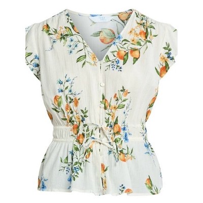 New NWT Time and Tru XS 0-2 Citrus Floral Summer Peplum Top V-Neck Cotton Rayon