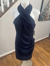 NWT Eliza J Glitter Halter Neck Sheath Dress Navy Blue Size 6