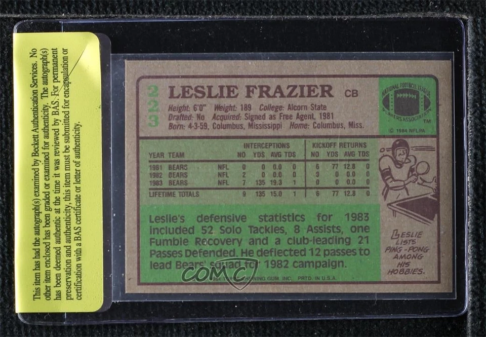 BAS 1984 Topps Leslie Frazier #223 Authentic Auto Rookie RC - Image 2 of 2