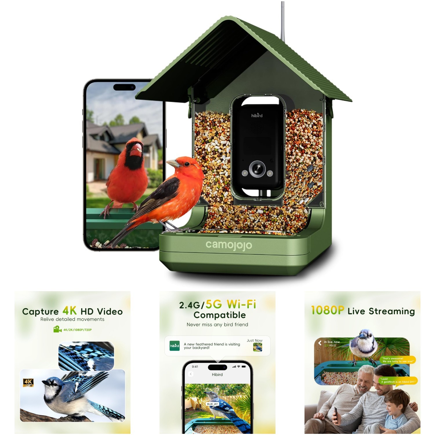 4k Smart Bird Feeder Camera Outdoor 2.4G/5G WiFi Auto 1080P Live AI Identify