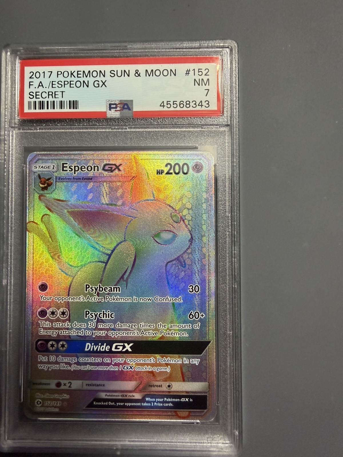 2017 POKEMON TCG SUN & MOON SECRET #152 FULL ART/ESPEON GX PSA 7 ENGLISH 