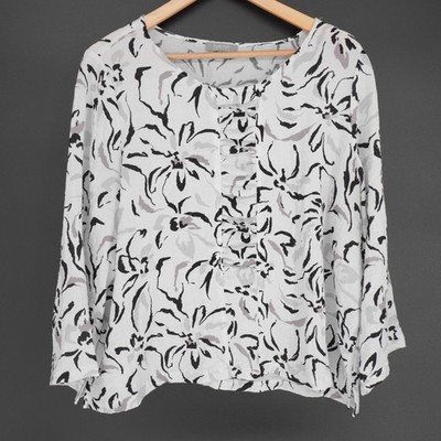 Habitat Blouse Womens L White Scoop Neck 3/4 Sleeve Floral Pleated Tunic