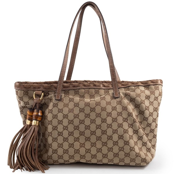 GUCCI GG Canvas Shoulder Tote Bag Bamboo Tassel Leather Brown Pre-owned Auth