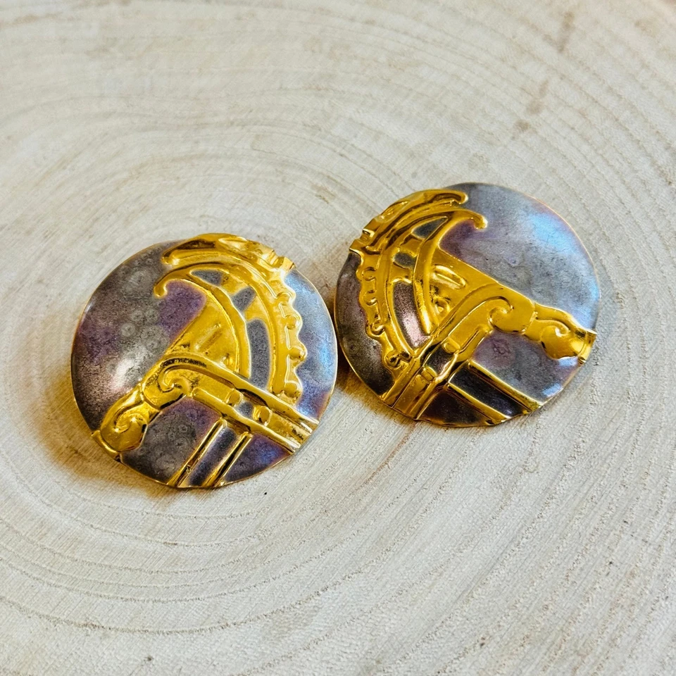 Винтажные позолоченные круглые серьги Edgar Berebi эмаль коренастый пирсинг дизайнерское фиолетовое золото - Изображение 2 из 4