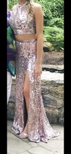 Sherri Hill Rose Gold Sequin Halter Side Slit Long Prom Dress Size 0