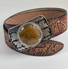 Vtg Tooled Leather Western Belt Brown Stone BUCKLE 30/34 Small Deer Woods USA