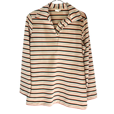 Vintage 60s Beeline Fashions Striped Brown Green Collar Shirt Blouse Medium