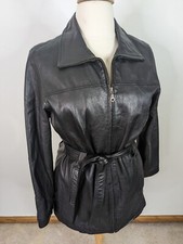 Vintage Lambskin Black Leather Belted Tie Waist Moto Jacket Large bomber Trench