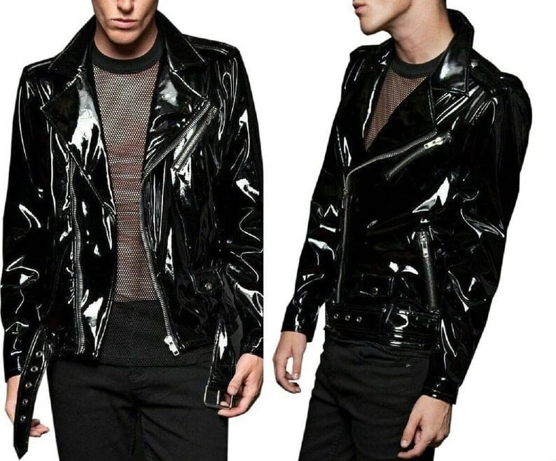 Men's Biker Gothic Moto Black PVC Vinyl Jacket Stylish Motorcycle Fashion Jacket