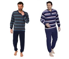Herren Frottee Pyjama mit V-Ausschnitt/Knopfleiste, Langarm, Ringel, &Uuml;bergr&ouml;&szlig;en