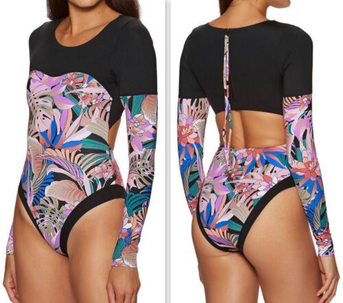 Body de manga larga traje de baño para mujer Hurley Max Palm Paradise, talla S negro