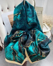 100% Silk Satin Scarf Women long neckerchief Shawl Wrap floral blue navy G16-4