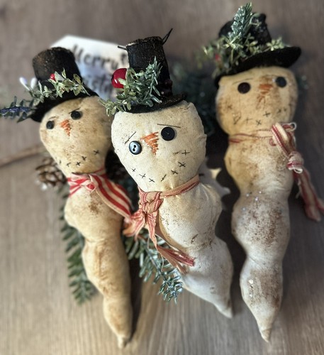 SET OF 3 Snowman Icicle Christmas Ornament Handmade Primitive Style Rustic - Picture 2 of 7