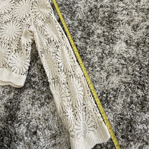 En Creme Beige Button Up Top Cover Up S-M See Through Floral Crochet Stitch. - Picture 13 of 16