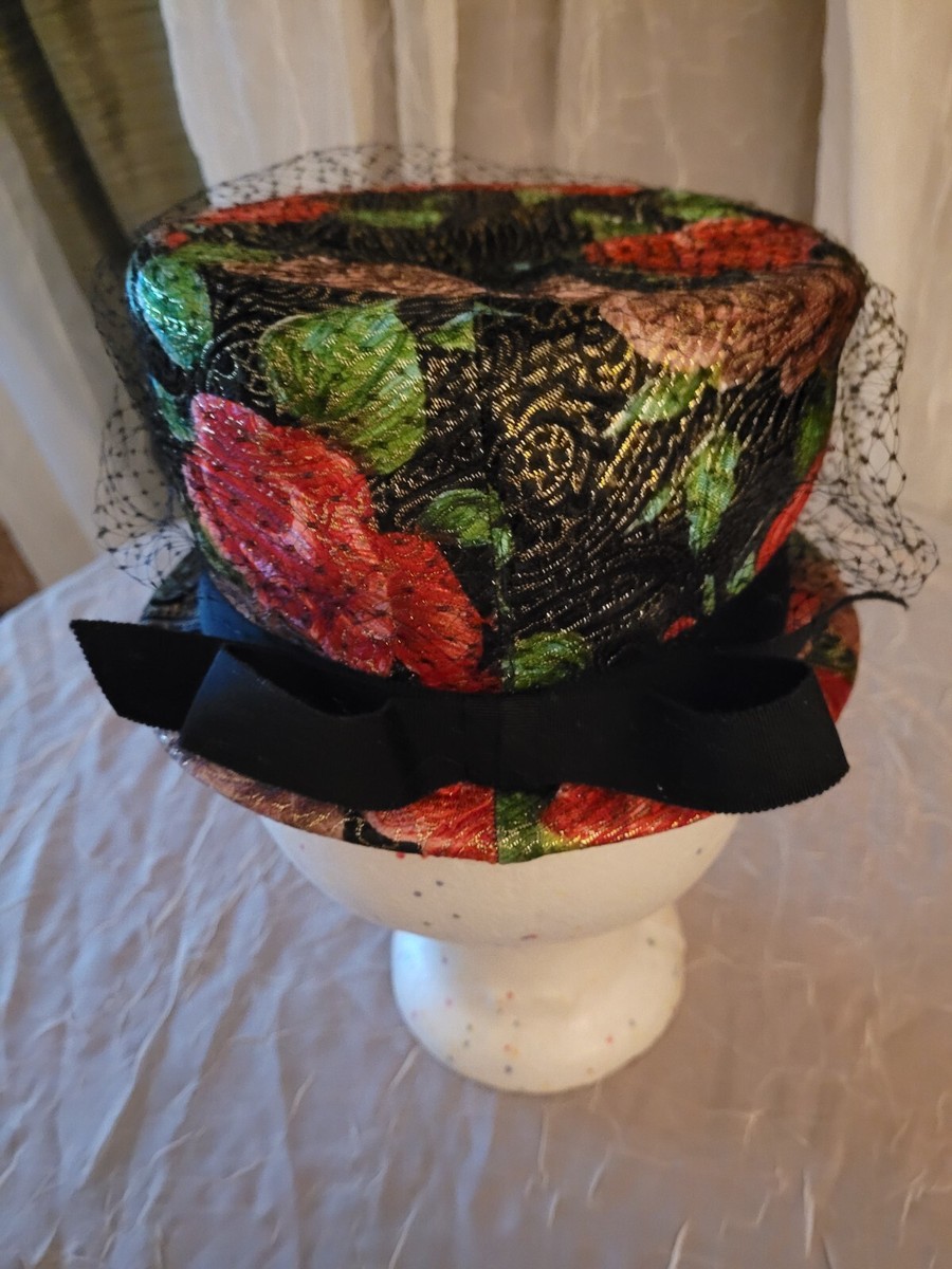 Vintage Ladies Floral Funky 60s Cloche Hat With Bow & Netting Rare Vintage Ladies Floral Funky 60s Cloche Hat With Bow  main image 2