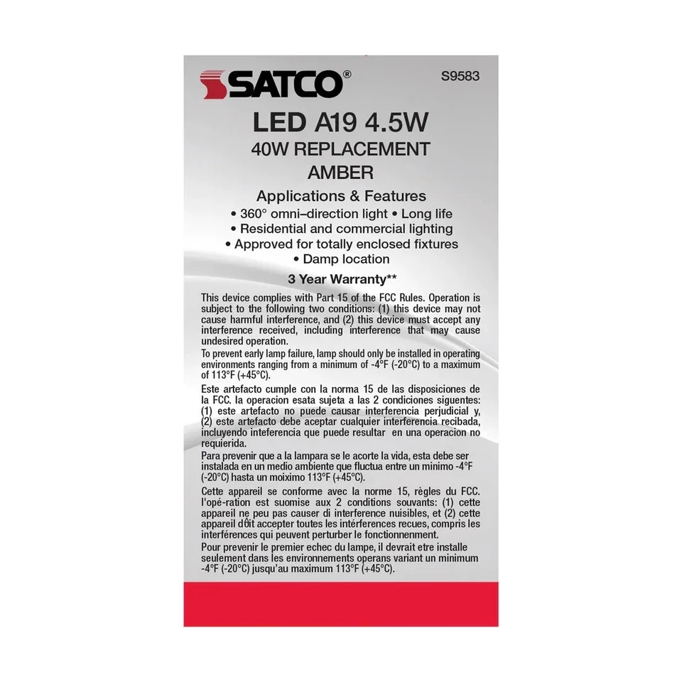 4.5 Watt A19 LED - Amber - Medium base - 2000K - 350 Lumens - 120 Volt - 6-Pack - Image 4 of 4