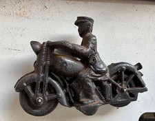 Vintage Cast Iron Police Rider on Motorcycle Toy Harley Style Moving Wheels 6