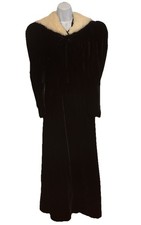 Vtg Black Velvet Maxi Opera Coat Fur White Collar Buttons Tie XS Puff Sleeves