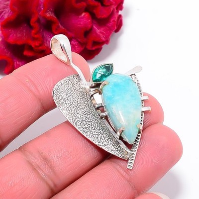 Amazonite - Peru & Teal Tourmaline Gemstone 925 Sterling Silver Pendant 2.03'' P1