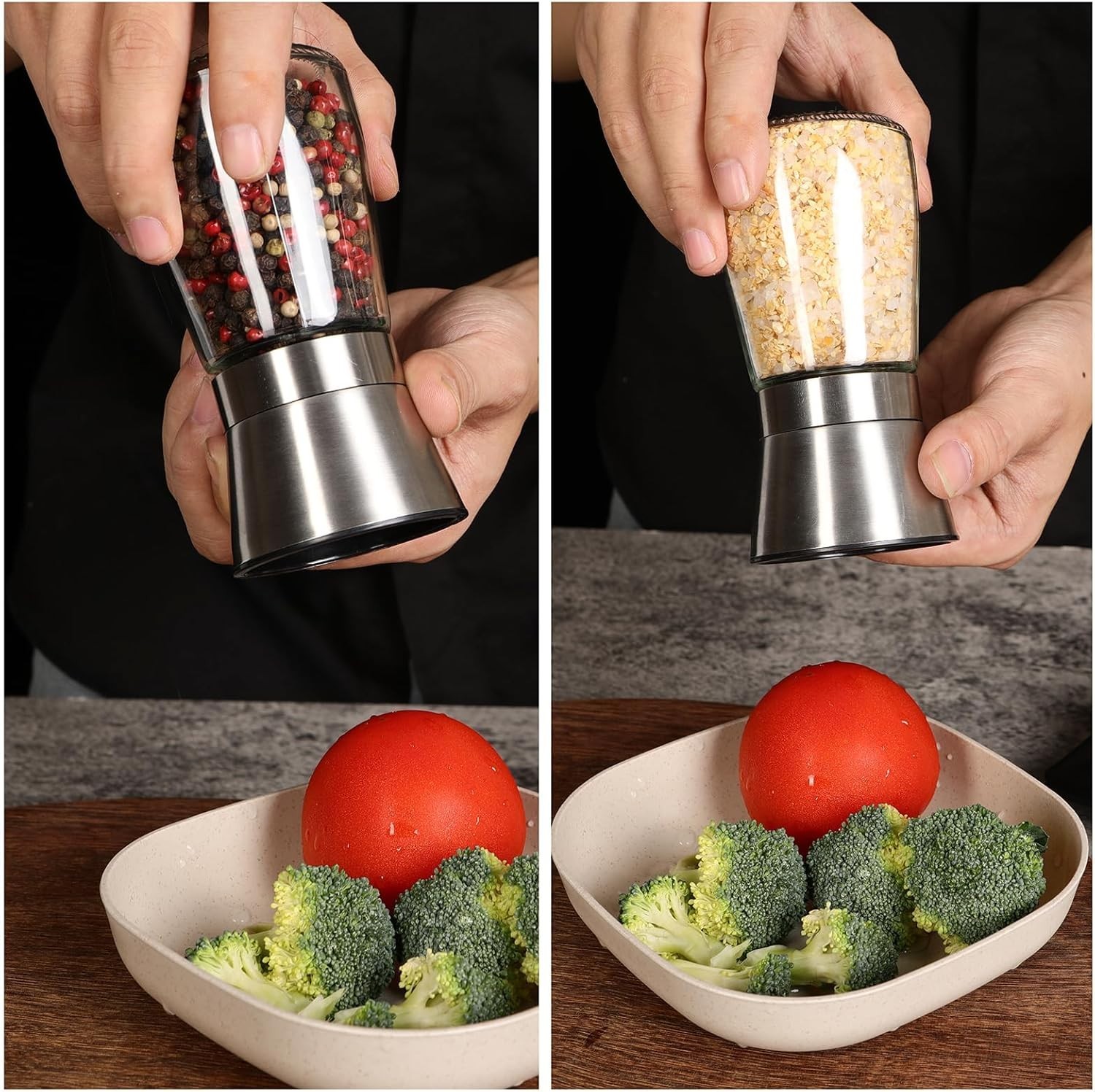 Salt and Pepper Grinder Set Refillable, Salt Pepper Grinder Shaker Stainless Ste