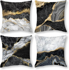 Black Gold Marble Texture Decorative Pillow Covers 18X18 Set of 4, Gold and Blac