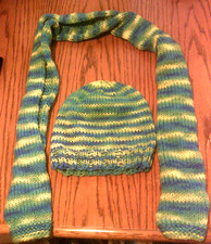 Soft Beanie Hat and Matching Scarf - Handmade - Green, Blue  Yellow
