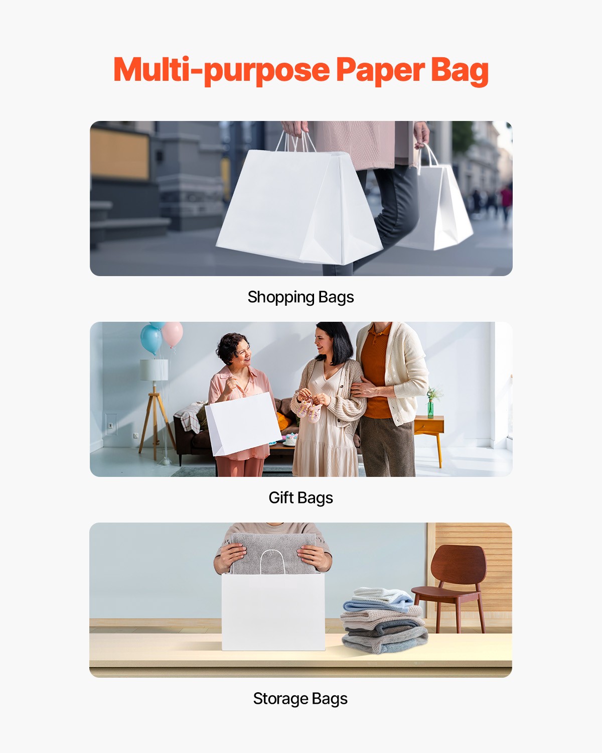 VEVOR Kraft Paper Bag with Handles 100Pcs 16x6x12 in Party Shopping Bag White