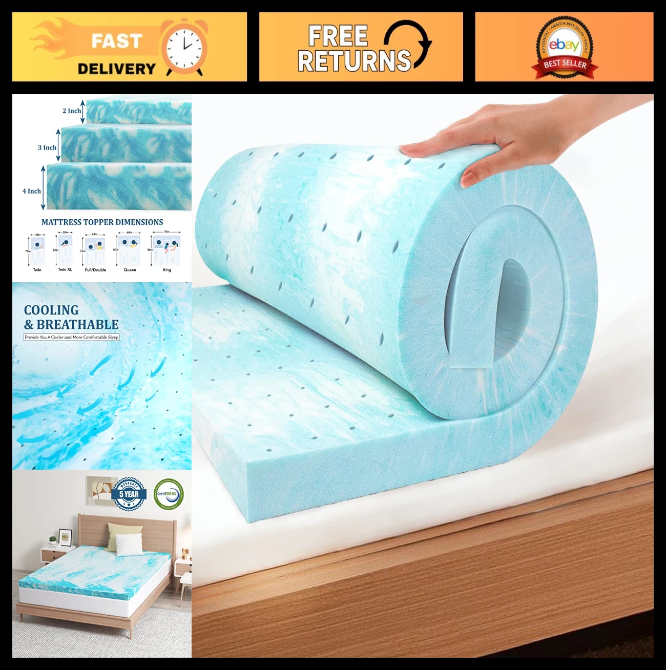 3" Twin Memory Foam Mattress Topper, Cooling Gel, Pressure Relief, Ventilated De