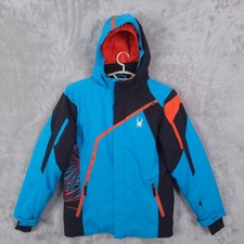 Spyder Ski Jacket Kids 18 Blue Blue Hooded Insulated Colorblock 235016 F16