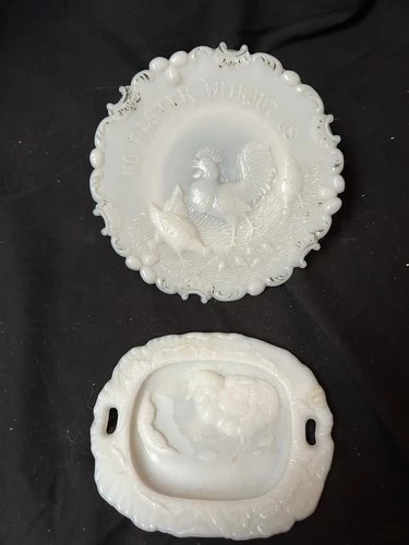 Vintage Milk Glass "No Easter Without Us" Chicken, Eggs White Plate & Bonus