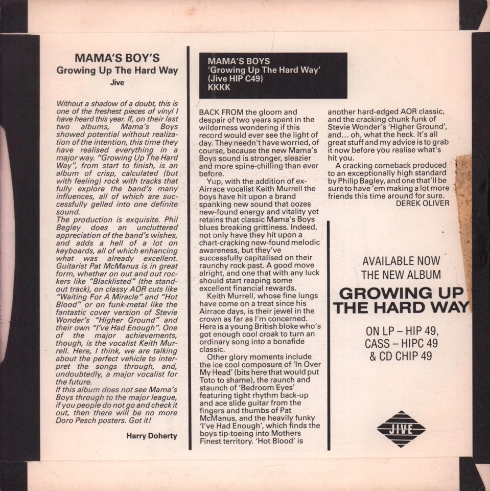 Mama's Boys Growing Up The Hard Way 7" Vinyl UK Jive Sampler Flexi Disc In - Bild 2 von 2
