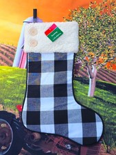 New Christmas Stocking Farmhouse Black white buffalo plaid 20" NWT