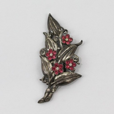 Vintage Trifari Brosche Pinke Strassblumen Silberfarbener Kettenstich