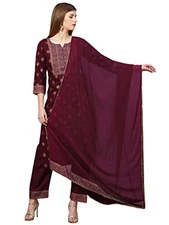 GoSriKi Women's Cotton Blend Printed Straight Kurta with Pant & Dupatta